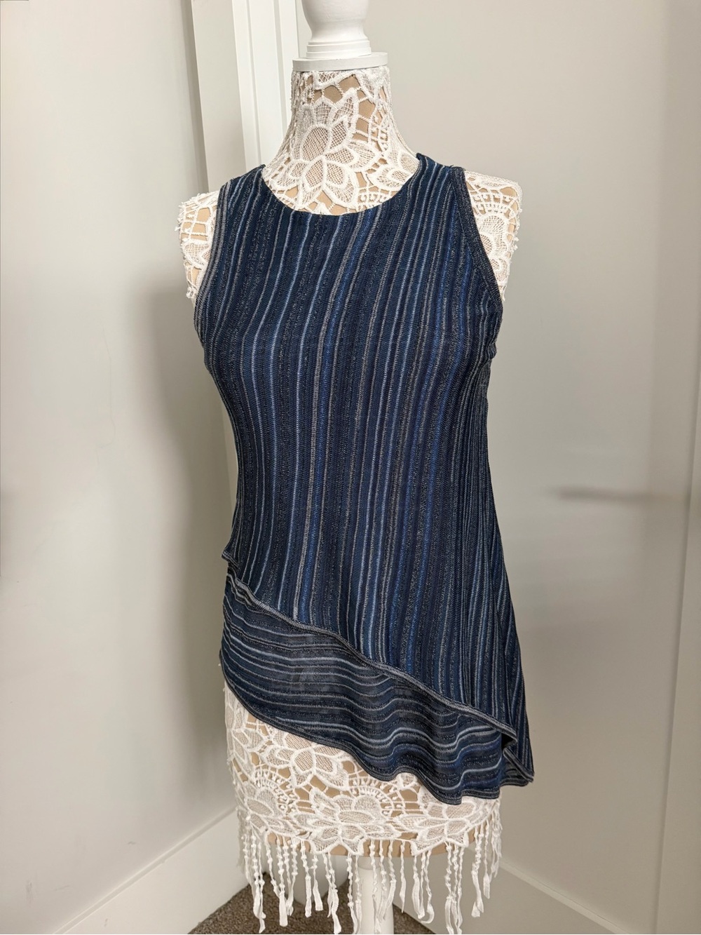 White House Black Market Navy Striped Asymmetric Tank
